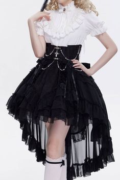 [$63.00]Gothic Black Boned Corset Train with Big Bow at Back Stylized Outfits, Spider Clothes, Goth Punk Outfits, Hardcore Outfits, Gooliope Jellington, Black Layered Skirt, Corset With Skirt, Devil Inspired, Skirt With Flowers