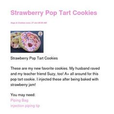 the recipe for strawberry pop tart cookies is shown in pink and white text, along with an image of a donut