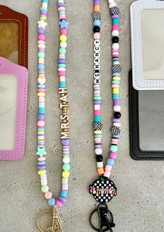 These clay and acrylic bead lanyards go with everything! They are fun and colorful to match any outfit! This listing is for lanyard only, add an ID badge in drop-down box. Lanyard length about 18" with badge 22", but can be made any size This lanyard has clay  beads with smaller seed beads, jump ring and clasp. If you would like break away clasp add in personalized box Name is bottom up, if you would like it top to bottom please let us know Letters are Upper Case only ,  NO apostrophes, symbols or numbers Work in style!! Makes a great teacher gift  Click here to view more lanyards: https://www.etsy.com/shop/SnickerdoodleDIY?ref=seller-platform-mcnav&search_query=Lanyards Teacher Lanyard Nurse Lanyard Boho Lanyard ID Lanyard Cheap Playful Lanyards For Gifts, Classroom Lanyard Organization, Silicone Bead Color Combos, Diy Bead Lanyard, Diy Teacher Lanyard Beads, Beaded Teacher Lanyard, Teacher Lanyard Ideas, Diy Teacher Lanyard, Lanyards Diy