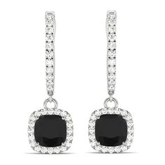 Cushion Shape Black Diamond & Diamond Halo Dangling Earrings 14k White Gold (2.18ct) Black Diamond Jewellery, Earrings With Black Dress, Black Diamond Earrings With Accents For Formal Events, Black Diamond Earrings With Accents For Formal Occasions, Black Diamond Jewelry Earrings, Black Earrings Elegant, Formal Black Diamond Earrings, Formal Black Diamond Earrings With Prong Setting, Luxury Silver Earrings With Black Diamonds