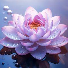 a pink water lily floating on top of a body of water with raindrops