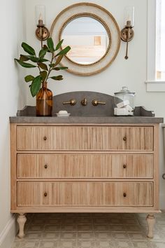 a bathroom vanity with a mirror above it and a plant on the counter top next to it