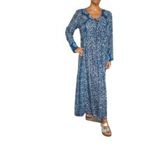 This Beautiful Women's Maxi Dress Is Perfect For Any Bohemian-Themed Occasion. The Dress Features A Stunning Patchwork Print In Blue And White, Which Adds A Touch Of Elegance To Your Wardrobe. The Long Sleeves And V-Neckline Make This Dress Suitable For Both Casual And Party/Cocktail Events. Crafted From High-Quality Cotton Material, This Dress Is Comfortable To Wear And Easy To Maintain. The Dress Length Is Long, Which Adds A Graceful Look To The Overall Design. The Straps And Belted Feature Ma Casual Blue Maxi Dress With Relaxed Fit, Casual Blue Relaxed Fit Maxi Dress, Blue Relaxed Fit Maxi Dress For Daywear, Blue Printed Dress With Relaxed Fit, Casual Indigo Maxi Dress For Vacation, Patchwork Print, Cocktail Event, Boho Maxi, Boho Maxi Dress