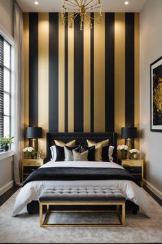 a bedroom with black and gold striped walls