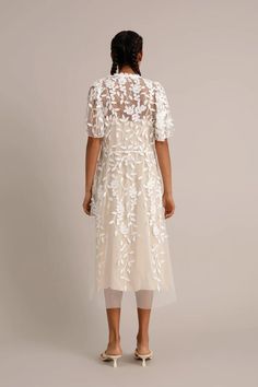 Sheer Midi Dress For Wedding, Evening Midi Dress With Delicate Lace, Sheer Wedding Midi Dress, Wedding Midi Dress With Sheer Sleeves, Sheer Lace Midi Dress For Summer, Short Sleeve Lace Dress With Sheer Sleeves, Sheer Midi Length Lace Dress For Wedding, Spring Evening Lace Dress, Tea Length, Midi Lace Dress With Sheer Sleeves