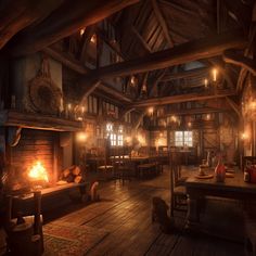 an old fashioned log cabin is lit up by candles and lights on the fireplaces