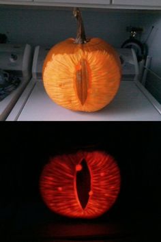 an orange pumpkin carved into the shape of a cat's eye