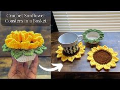 crochet sunflower coasters in a basket with coffee cup holder and mug cozyie