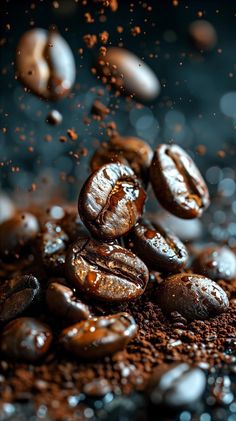 coffee beans falling down on top of each other in the middle of roasted coffee beans