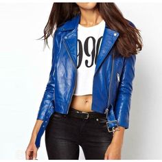 Women Classic Royal Blue Motorbike Fashion Leather Jacket For Sale Luxury Blue Leather Jacket For Streetwear, Luxury Retro Leather Jacket For Biker Events, Luxury Blue Leather Jacket For Work, Luxury Blue Moto Biker Jacket, Luxury Trendy Leather Jacket For Biker Events, Blue Motorbike, Leather Jacket Details, Fashion Leather Jacket, Blue Leather Jacket