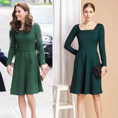 "**EU customers please note there might be additional custom charges** ** ALL items are made when order, for both standard size and custom size ** what a stunning and classy dress.. inspired from Kate Middleton, features Aline skirt with long sleeves and belt (Though you can have shorter sleeves too) will brighten up any room :) Shown on our model in hunter green, square neckline.. Belt has hooks and eyes closure ** Custom made: instructions will be sent after you purchase ** Standard size: US S Kate Middleton Green Dress, Kate Middleton Green, Royal Purple Dress, 1930's Dresses, Princesse Kate Middleton, Kate Middleton Dress, Dresses 1950s, Estilo Real, Middleton Style