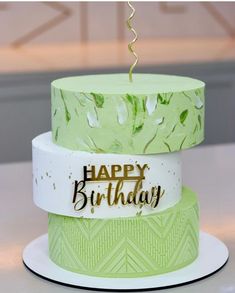 a three tiered birthday cake with the words happy birthday on it's top