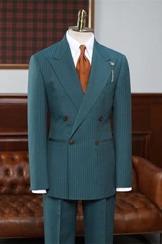 Dreamyannie Mint Green Double Breasted Striped Business Suit for Men Vintage Green Suit Men, Men’s Fashion Suits, Double Breasted Suit Men, Mint Outfit, Transition Goals, Dapper Outfit, Men's Business Suits, Striped Suit, Suits Men Business