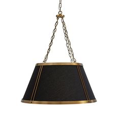 a lamp hanging from a chain with a black shade on the bottom and gold trim