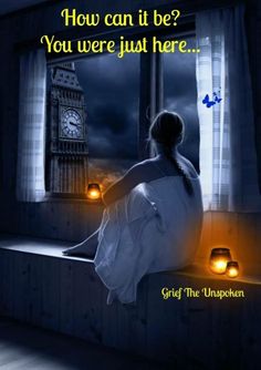 a woman sitting on a window sill in front of a clock tower at night