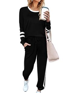 Limited-time deal: Aloodor Sweatsuit for Women 2 Piece Outfits for Womens Crewneck Sweatshirts Pullover Sweatpants Outfits, Womens Loungewear Sets, Sweatsuit Set, Womens Crewneck, Casual Stripes, Striped Sleeve, Loungewear Set, Womens Loungewear