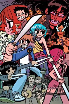 an image of cartoon characters in front of a group of people with large knives and swords