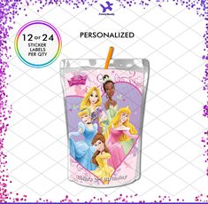 disney princess personalized tumbler cup with straw in the shape of a heart and four princesses on it