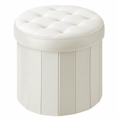 a white round stool with buttons on the top and bottom, sitting in front of a white background