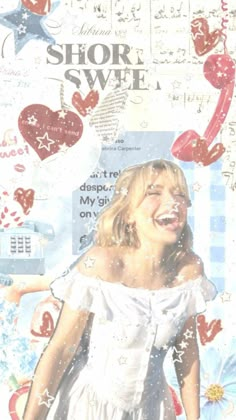 a collage of a girl in white dress with hearts and stars on the background