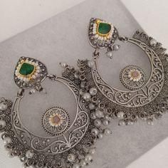 Large Silver Tone Indian Earrings With Green Glass Stone And Faux Pearl Dangles Green And Pink 2.5" Excellent Condition/Nwot Also Available In Green And Red Offers And Questions Are Always Welcome Packaged With Care Same/Next Day Shipping Antique Silver Jewelry Indian Necklaces, Green And Silver Earrings, Silver Earrings Indian, Silver Jewellery Indian, Indian Earrings, Green And Pink, Green And Red, Princess Cut Diamonds, Princess Cut