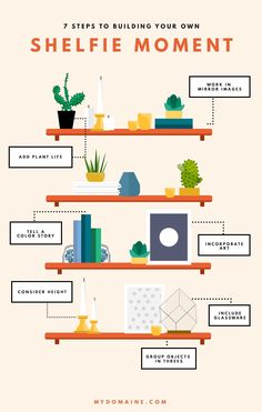 shelves with books, plants and other things on them that are labeled in different languages