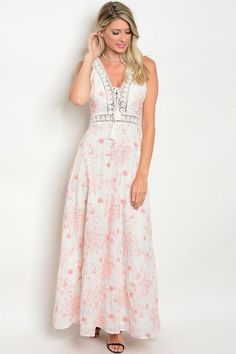 Ivory Peach Floral Embroidered Lace Detail Open Back Maxi Gown #dress, #ladylailaboutique, #dressedup, #dressup Fitted Peach Dress With Floral Embroidery, Feminine Peach Lace Dress, Semi-stitched Pink Gown With Floral Embroidery, Lace Maxi Dress With Floral Embroidery And V-neck, Peach Sleeveless Dress With Lace Trim, Maxi Gown, Blouson Dress, Date Nights, Gown Dress