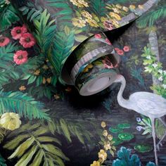 an image of a wallpaper with tropical flowers and flamingos in the background,