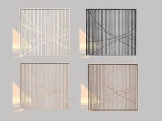 four different types of metal screens on a gray background, each with lines and shapes