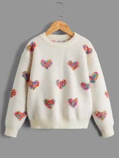 Tween Girl Heart Pattern Drop Shoulder Sweater Beige Casual  Long Sleeve Fabric Animal,Floral,Plants Pullovers Medium Stretch  Tween Girls Clothing, size features are:Bust: ,Length: ,Sleeve Length: Long Sleeve Pullover Sweater, Drop Shoulder Sweaters, Pattern Sweater, Long Sleeve Knit Tops, Heart Pattern, Sweater Sale, Kids Sweater, Girls Sweaters, Long Sleeve Pullover