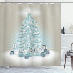 a shower curtain with a christmas tree and presents