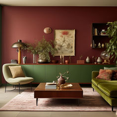 a living room with two green couches and a coffee table in front of a red wall