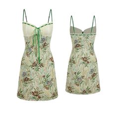 two women's dresses with green straps and floral print on them, one is white