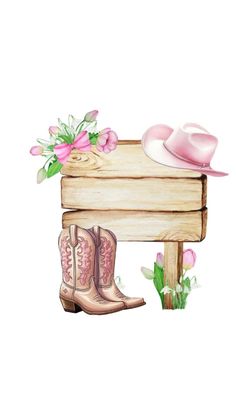 a watercolor painting of cowboy boots, hat and wooden sign with flowers on it