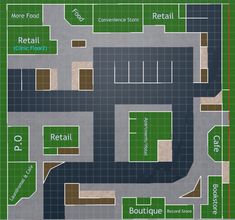 an overhead view of a parking lot with lots of parking spaces and retail stores on it