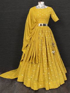 Astonishing Yellow Thread Georgette Festive Lehenga Choli With Belt Dress Dizain, Dizain Dress, Yellow Lehenga Choli, Mirror Work Dupatta, Plus Size Lehenga, Haldi Ceremony Outfit, Mirror Work Lehenga, Haldi Outfits, Haldi Outfit