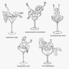 four different types of cocktails with the names in each one, including champagne and gin