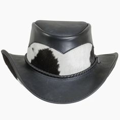 This exquisite Pinto leather cowboy hat offers the perfect combination of western and urban style. Its classic western outback brim, hair on calf mid crown, and brown three-braided band with a brown leather tab make for a sophisticated and timeless design. Whether you're looking to complete a cosmopolitan look or embrace your inner cowboy, this classic piece will always be en vogue. Featuring a super comfortable removable sweatband liner that attaches securely with velcro tabs sewn-in to the hat Leather Brimmed Fedora For Rodeo, Western Leather Fedora With Flat Brim, Western Style Leather Fedora With Flat Brim, Leather Fedora For Rodeo With Short Brim, Wide Brim Leather Fedora For Western-themed Events, Leather Wide Brim Fedora For Western-themed Events, Leather Fedora With Short Brim For Western-themed Events, Western Style Leather Hat With Short Brim, Black Western Top Hat For Ranch