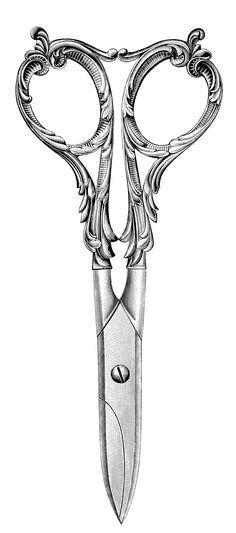 a drawing of a pair of scissors with ornate designs on the handles and sides, vintage line drawing or engraving illustration