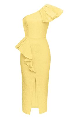 ONE SHOULDER RUFFLE MIDI DRESS IN YELLOW Satin Corset Dress, Celebrity Inspired Dresses, Yellow Design, One Shoulder Midi Dress, Yellow Midi Dress, Ruffle Midi Dress, Garden Parties, Dress Yellow, Inspirational Celebrities