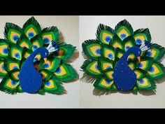 two pictures of peacocks made out of paper