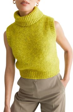 Turtleneck Sleeveless Outfit, Yellow Turtleneck, Sweater Sleeveless, Sleeveless Turtleneck Sweaters, Turtleneck Midi Dress, Oversized Knit Cardigan, Trouser Outfits, Sleeveless Outfit