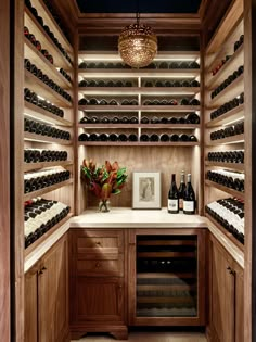 a wine cellar with wooden cabinets and shelves filled with lots of bottles on top of them