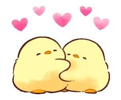 two little chicks sitting next to each other with hearts in the background