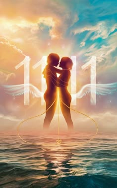 two people are kissing in the water with their arms around each other and wings flying above them