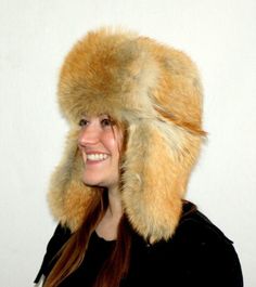 RED COYOTE FUR RUSSIAN TROOPER STYLE HAT Fur Hats, Coyote Fur, Fur Hat, Hats For Sale, Natural Red, Fox Fur, Hat Sizes, Hat Crafts, Leather And Lace