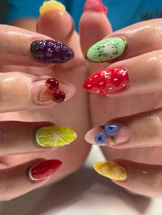 insta @imtznails Banana Nails Design, Blue Fruit Nails, Food Themed Nails, Nail Fruit Designs, Pink Fruit Nails, Gel X Nail Inspo Almond, Almond Nails Simple Design, 3d Fruit Nails