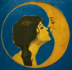 a drawing of a woman kissing the moon with her face close to it's side