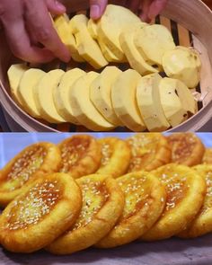 several different types of pastries in baskets and on the table, with one being sliced into small pieces