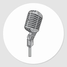 a black and white drawing of a microphone on a round sticker with the word,